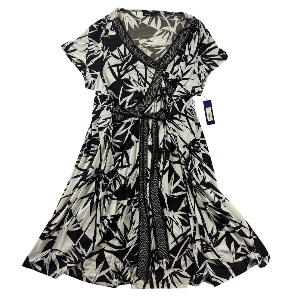 Apt. 9 Womens 2X Faux Wrap Dress Black White Bamboo Print Stretch Midi FMN10952